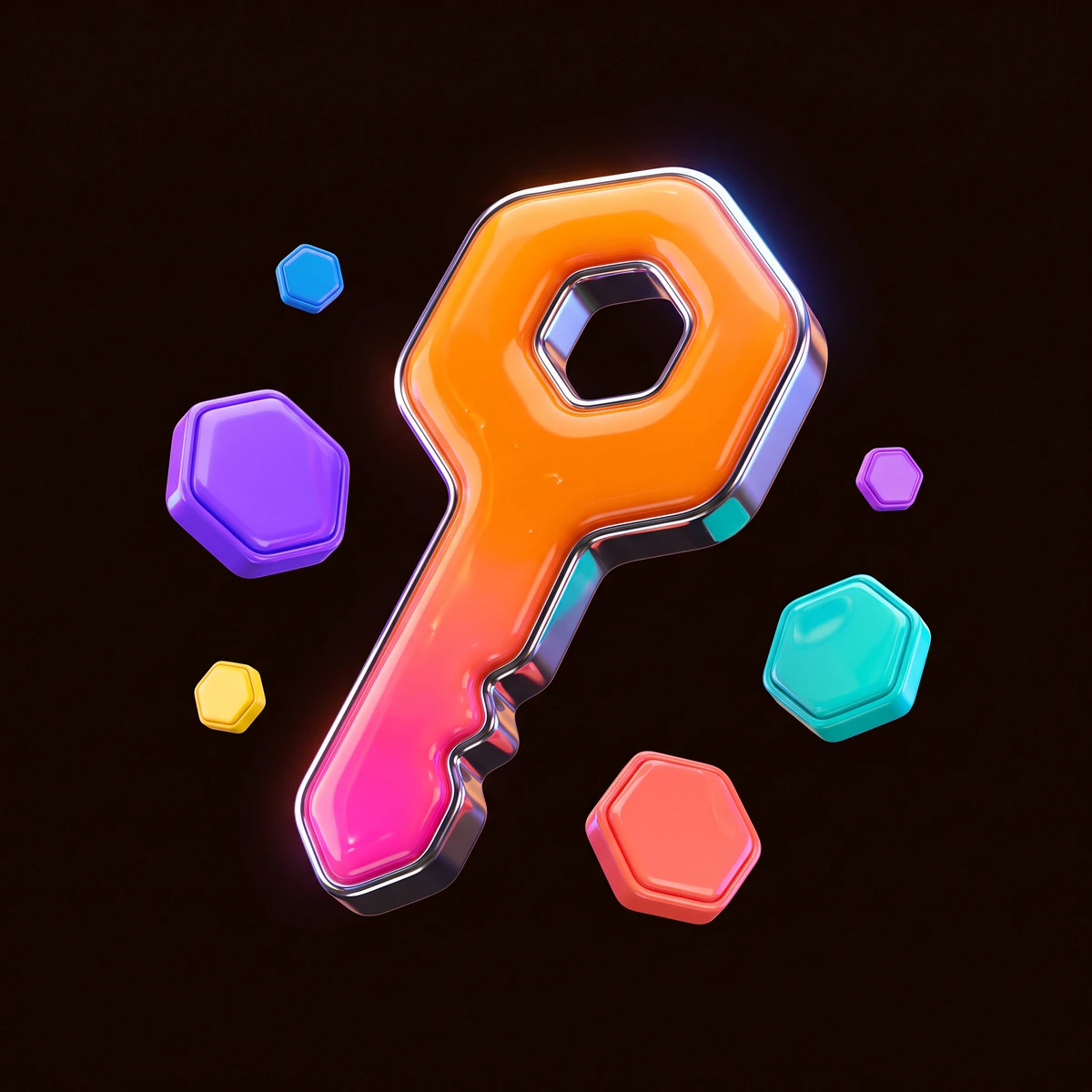 Glossy orange and pink 3D key surrounded by colourful hexagon tokens